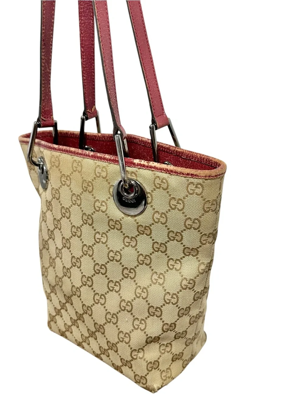 Gucci Eclipse Tan GG Monogram Canvas & Burgundy Red Leather Bucket Tote - Picture 11 of 14